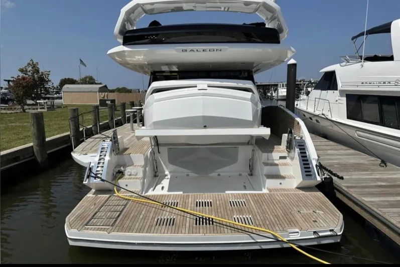 The Good Life Yacht Photos Pics Rear view of 2024 Galeon 510 Sky yacht docked.