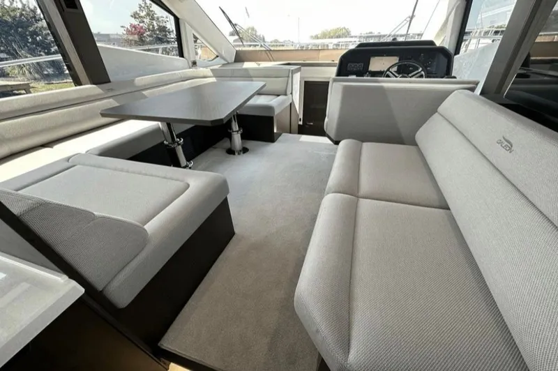 The Good Life Yacht Photos Pics Interior of 2024 Galeon 510 Sky yacht with modern seating.