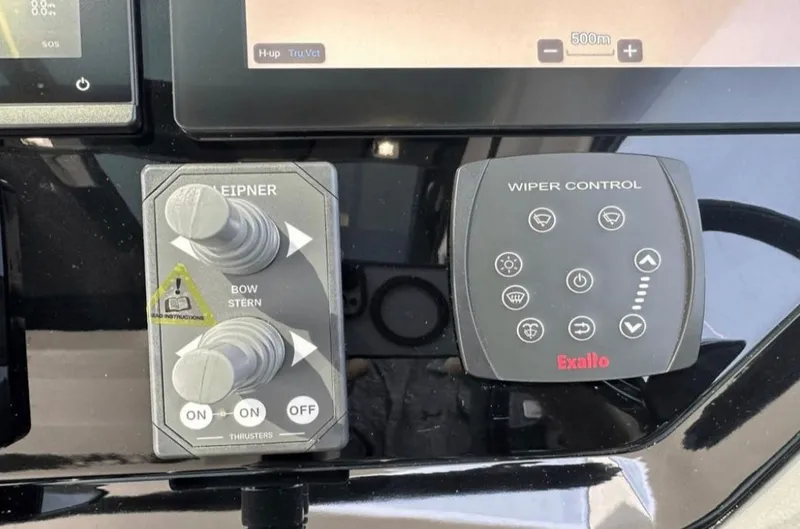 The Good Life Yacht Photos Pics Control panel of Galeon 510 Sky 2024 with wiper and thruster controls.