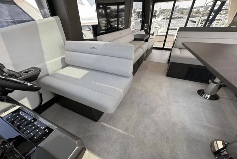 The Good Life Yacht Photos Pics Interior of 2024 Galeon 510 Sky yacht with modern seating.