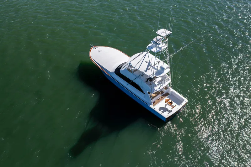Emeritus Yacht Photos Pics Aerial view of 2001 Viking 61 Convertible yacht on open water.