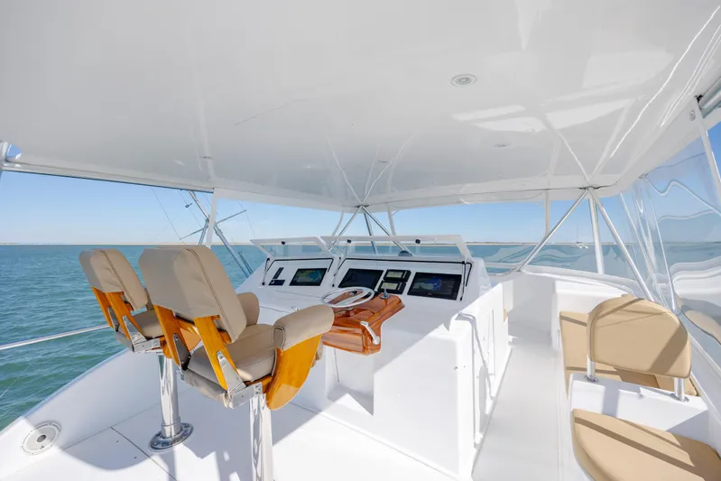 Emeritus Yacht Photos Pics 2001 Viking 61 Convertible yacht helm with modern controls and ocean view.