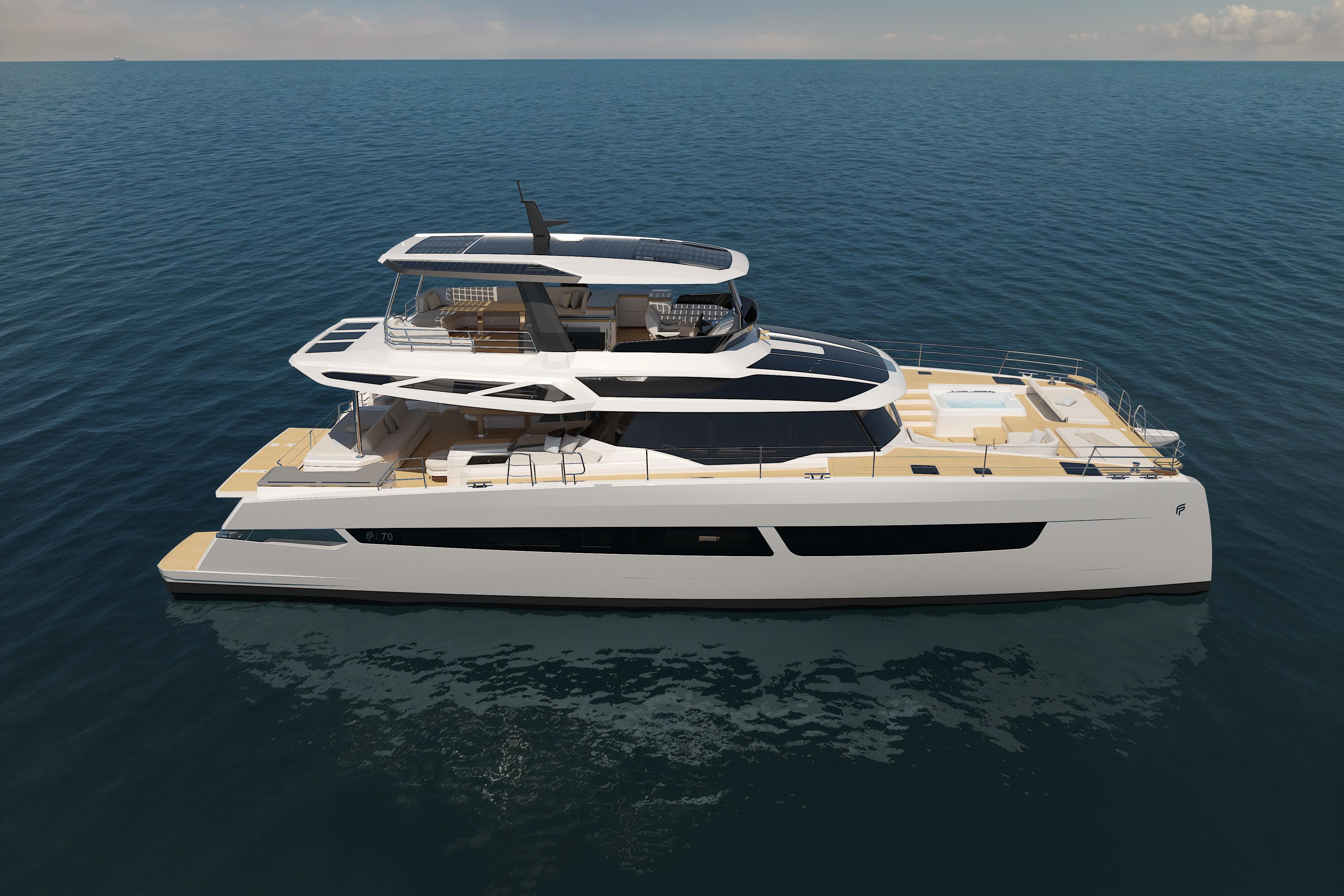 Luxurious 2027 Fountaine Pajot FPY 70 yacht cruising on open sea.