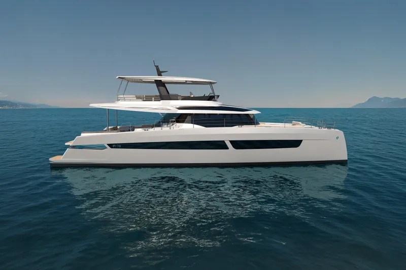 Hull #2 Fpy 70 - Coming End 2026 Yacht Photos Pics Luxurious 2027 Fountaine Pajot FPY 70 yacht cruising on serene blue waters.