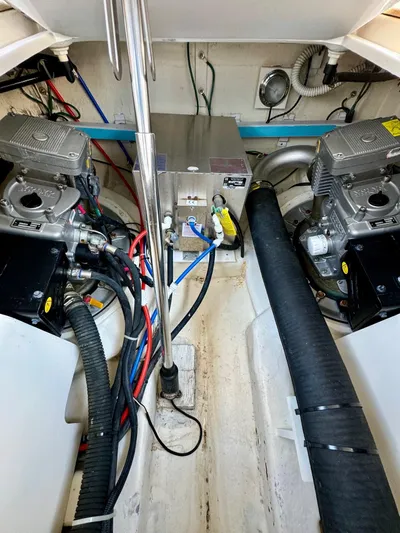 Grand Baby Yacht Photos Pics Engine room of 2018 Legacy 42 boat with dual engines and wiring.