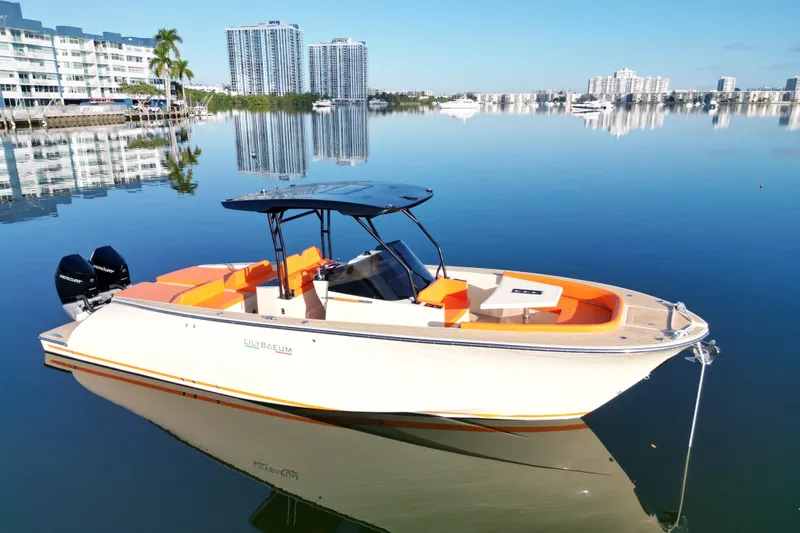  Yacht Photos Pics 2026 Lilybaeum Lipari 31 boat on calm water, modern design, cityscape background.