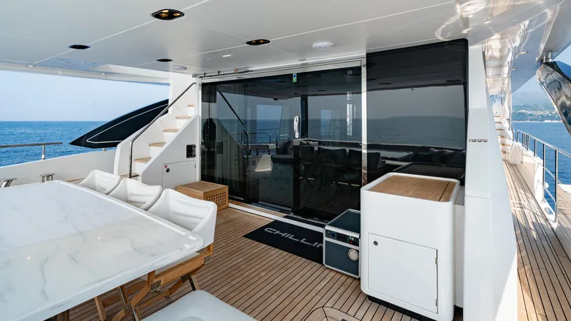 Chillin' Yacht Photos Pics Luxurious deck of 2020 Azimut Grande 27 METRI yacht with ocean view.