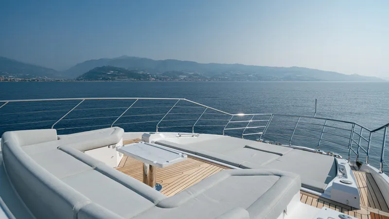 Chillin' Yacht Photos Pics Luxurious Azimut Grande 27 METRI yacht deck with stunning ocean view, 2020 model.