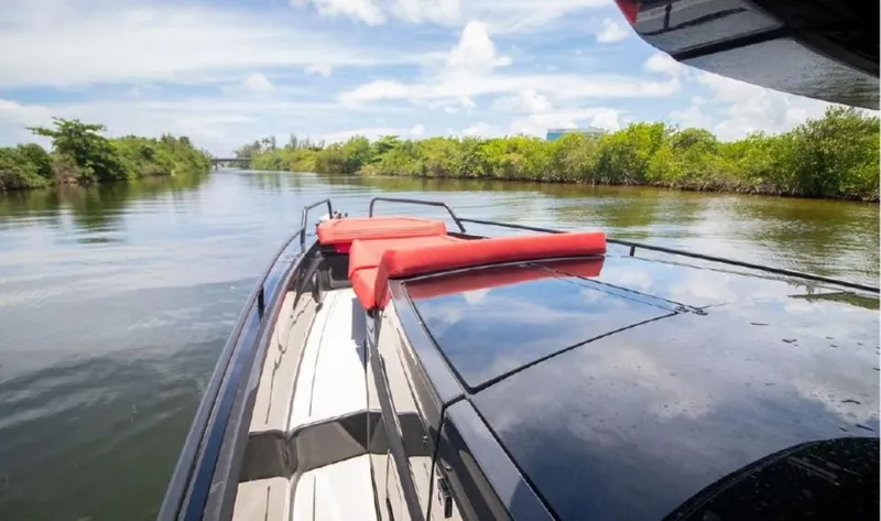  Yacht Photos Pics 2021 BRABUS Shadow 900 BO luxury boat cruising on a serene river.