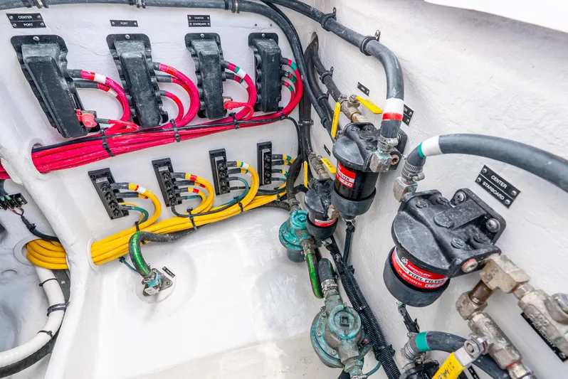  Yacht Photos Pics Engine compartment of 2024 Intrepid 427 Nomad SE with organized wiring and components.