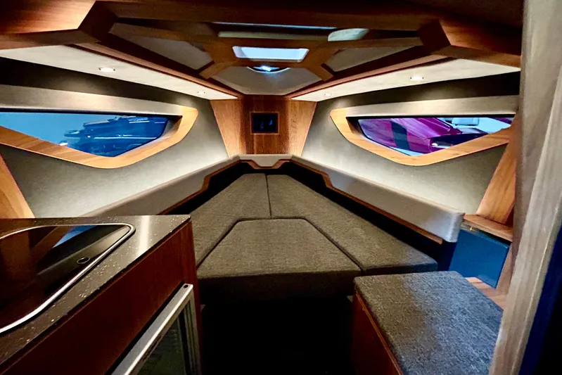  Yacht Photos Pics Luxurious interior of 2026 Flynt Yachts Centura 32 with modern design and cozy seating.