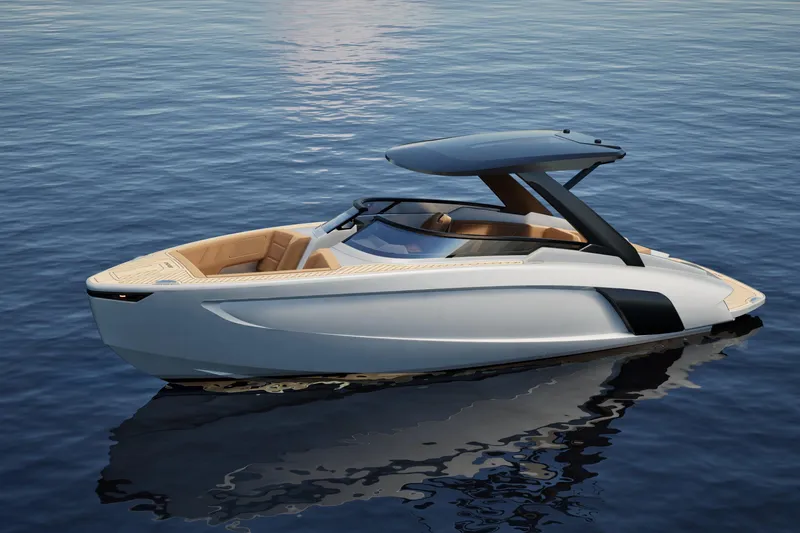  Yacht Photos Pics 2026 Flynt Yachts Centura 32 luxury boat on calm water, sleek design, modern features.
