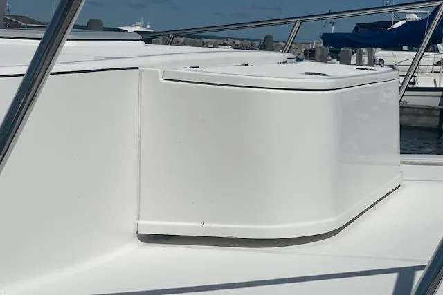  Yacht Photos Pics 2018 American Tug 365 boat deck with sleek white design and railing.