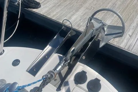  Yacht Photos Pics 2018 American Tug 365 anchor system on a wooden dock.