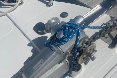  Yacht Photos Pics 2018 American Tug 365 boat anchor winch with blue rope and chain.