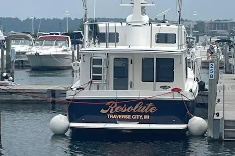  Yacht Photos Pics American Tug 365 boat docked, named "Resolute," Traverse City, MI, 2018 model.