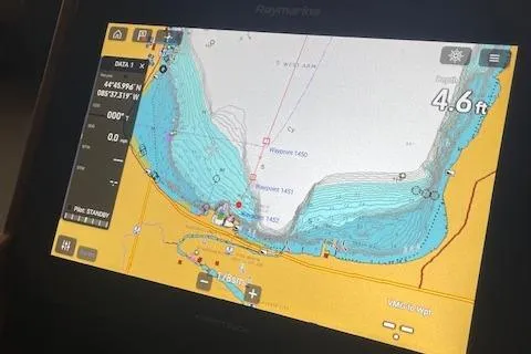  Yacht Photos Pics Navigation display on 2018 American Tug 365, showing depth and chart details.