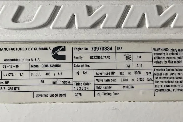  Yacht Photos Pics Engine specifications label for a 2018 American Tug 365, featuring Cummins model QSB6.7 engine details.