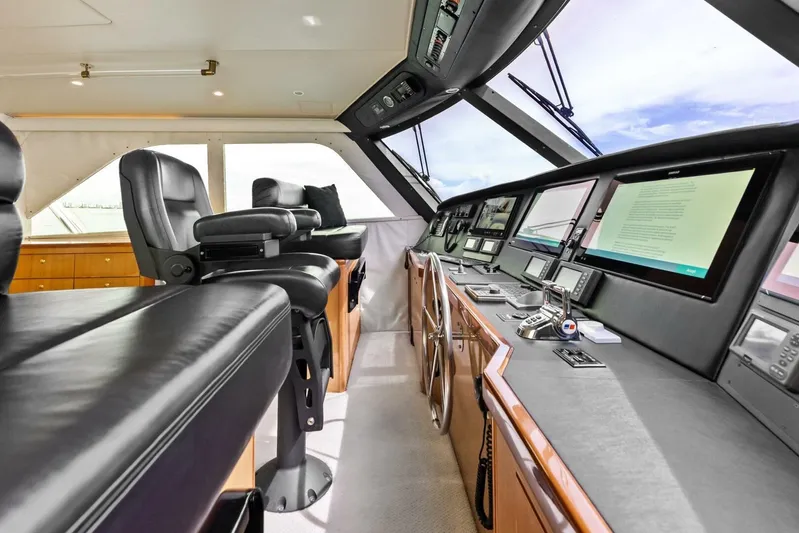 Cap'n Hook Yacht Photos Pics Interior of 2006 Viking 68 Enclosed Bridge yacht with modern navigation equipment.