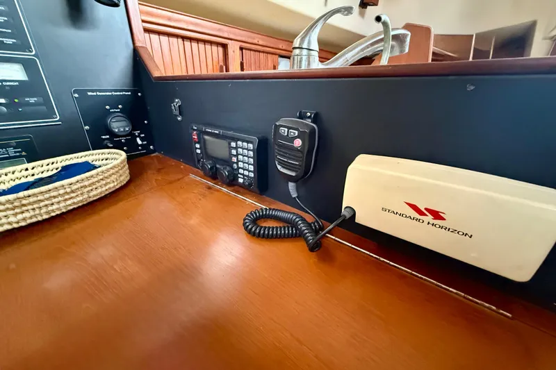 Blue Skies Yacht Photos Pics Control panel and radio equipment on 1995 Island Packet 40 sailboat.