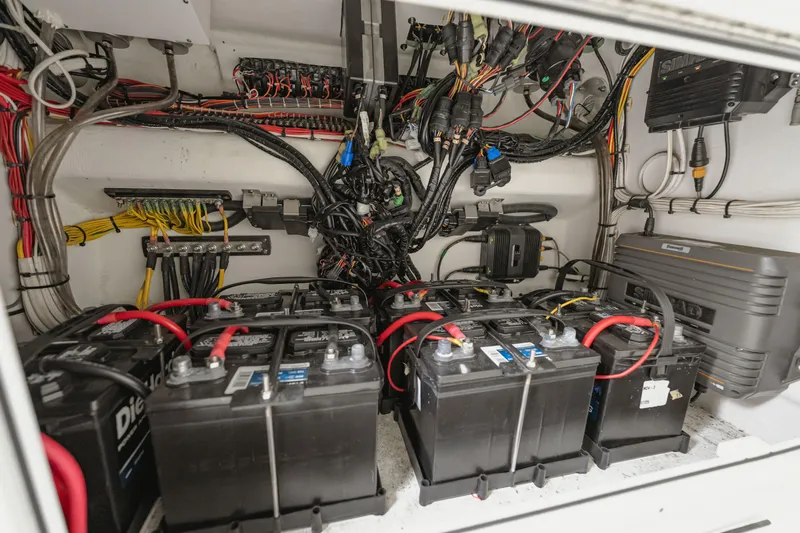  Yacht Photos Pics Electrical system of a 2018 Freeman 37 VH boat, featuring batteries and wiring.