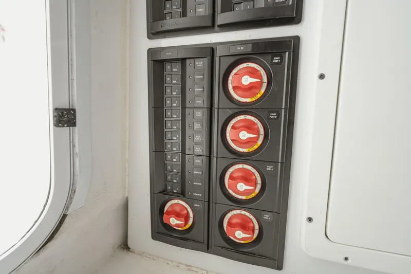  Yacht Photos Pics Control panel with switches and dials on a 2018 Freeman 37 VH boat.