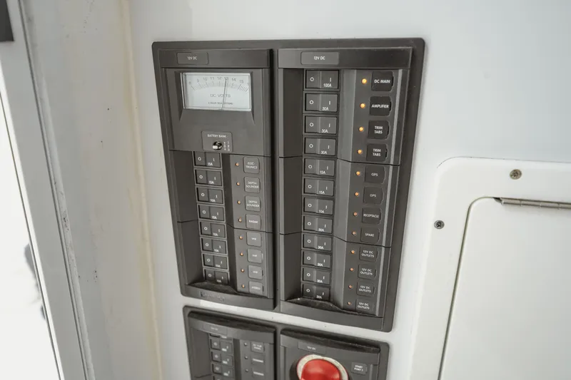  Yacht Photos Pics Electrical panel of a 2018 Freeman 37 VH boat, featuring various switches and a voltmeter.