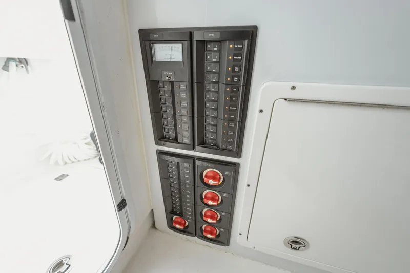  Yacht Photos Pics Electrical control panel on a 2018 Freeman 37 VH boat interior.