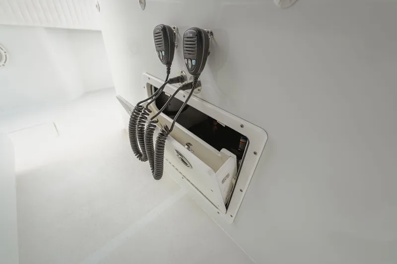  Yacht Photos Pics Two radio microphones in a compartment on a 2018 Freeman 37 VH boat.
