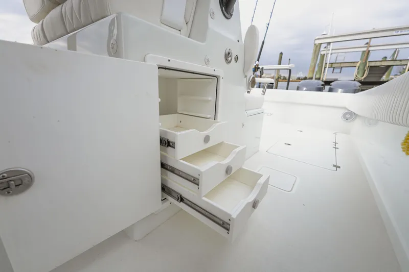  Yacht Photos Pics Freeman 37 VH 2018 boat interior with open storage drawers and seating.