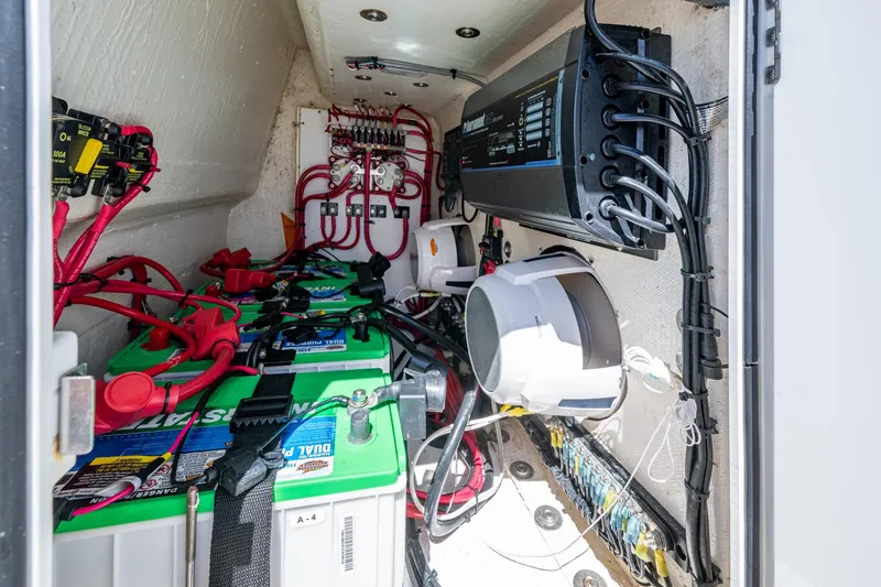  Yacht Photos Pics Electrical system of a 2022 Jupiter 32 boat with batteries and wiring.