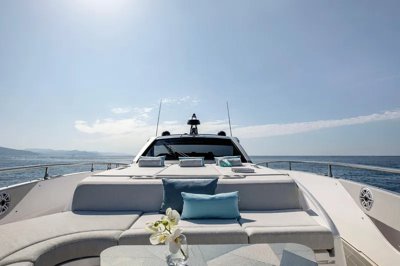  Yacht Photos Pics Azimut Verve 48 yacht 2025, luxurious deck with cushions, ocean view.