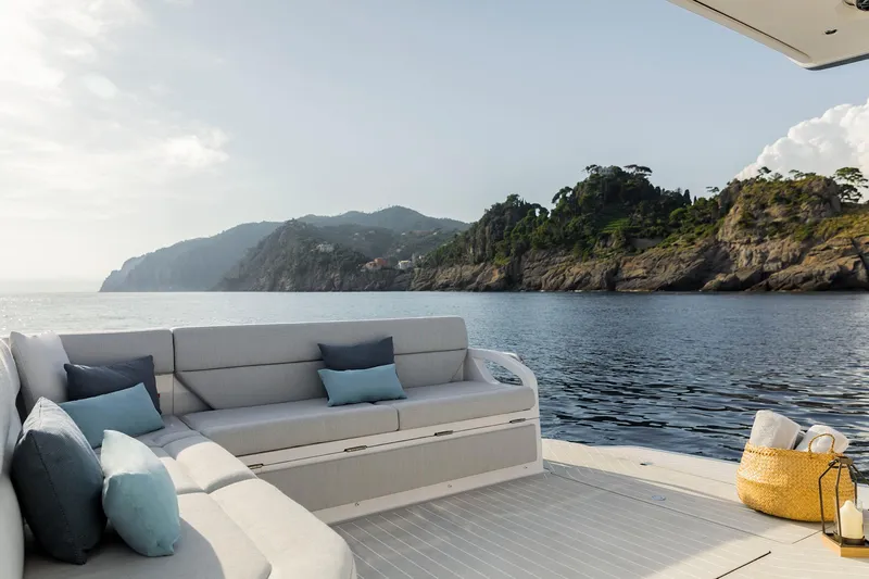  Yacht Photos Pics Luxurious Azimut Verve 48 yacht interior with scenic ocean view, 2025 model.