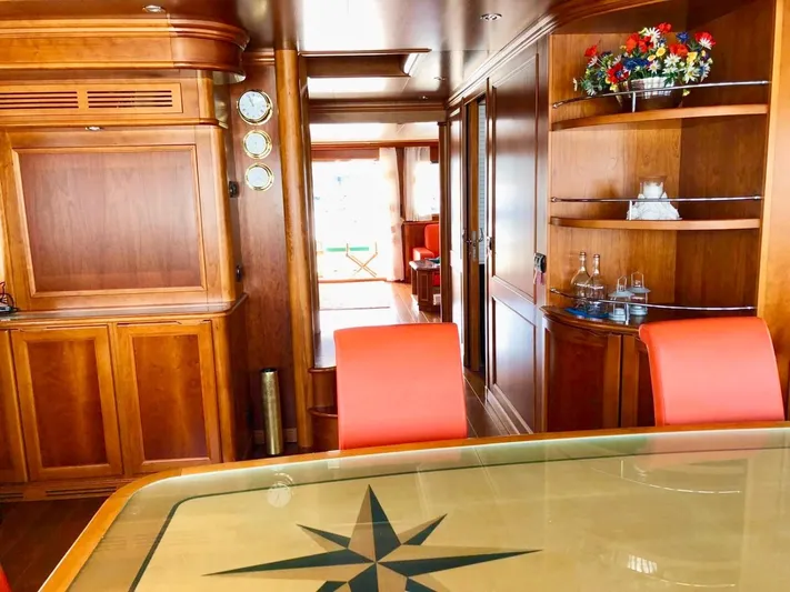 Annamia Yacht Photos Pics Luxurious 2007 Terranova Yachts T85 interior with elegant wood finish and vibrant red chairs.