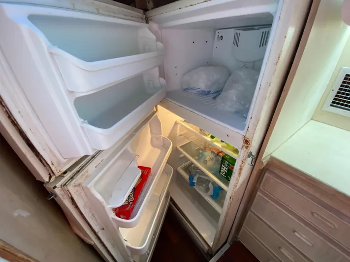  Yacht Photos Pics Open refrigerator on 1982 Bertram 46.6 War Wagon, showing freezer and fridge compartments.
