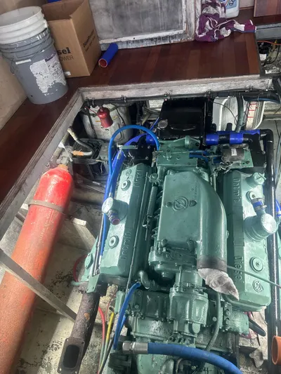  Yacht Photos Pics Engine room of 1982 Bertram 46.6 War Wagon with visible machinery and equipment.