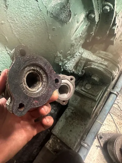  Yacht Photos Pics Close-up of a mechanical part from a 1982 Bertram 46.6 War Wagon boat.