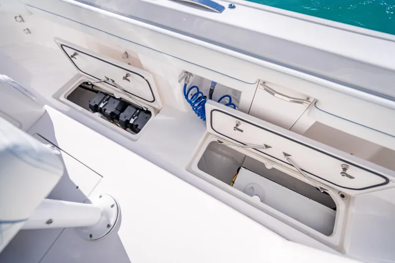  Yacht Photos Pics 2023 Intrepid 427 Nomad SE boat storage compartments and equipment details.