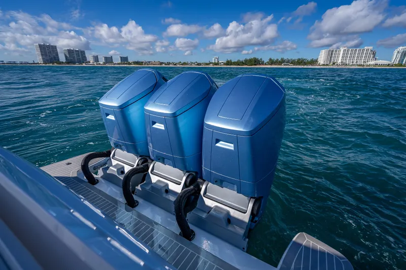  Yacht Photos Pics Triple outboard engines on 2023 Intrepid 427 Nomad SE, cruising in coastal waters.