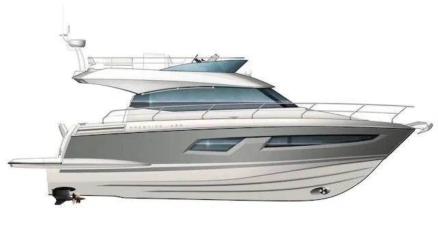 R & R Yacht Photos Pics Prestige 420 yacht, 2015 model, side view, sleek design, modern luxury vessel.