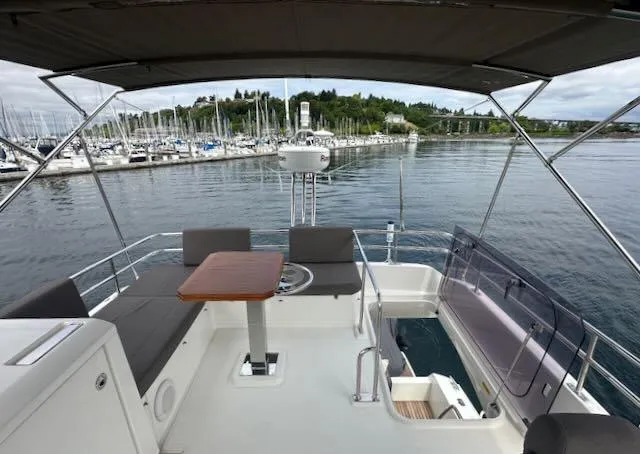 R & R Yacht Photos Pics Flybridge view of 2015 Prestige 420 yacht docked at marina.