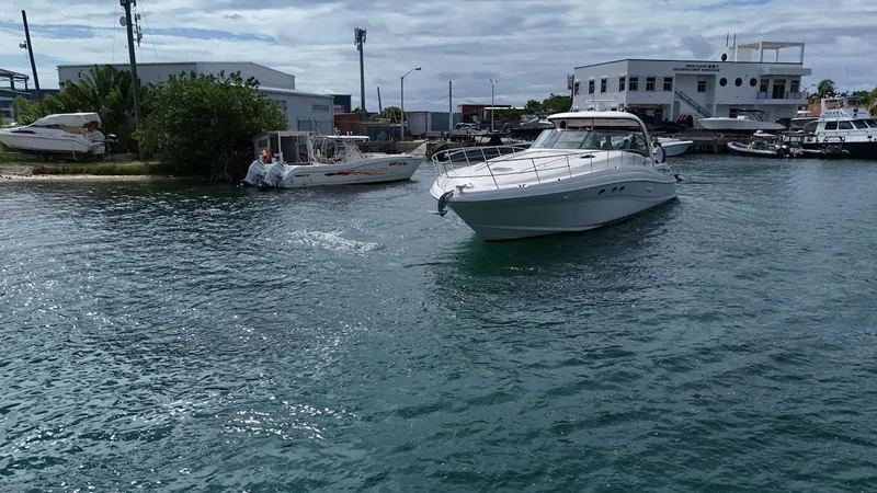  Yacht Photos Pics 2004 Sea Ray 500 Sundancer yacht cruising in a marina with other boats.