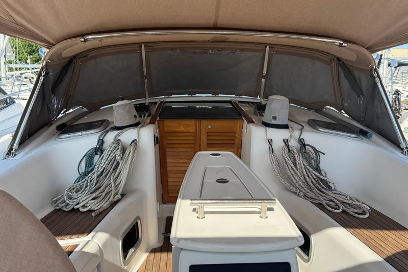 Eos Yacht Photos Pics 2008 Beneteau Oceanis 40 cockpit with ropes and wooden accents.