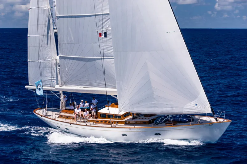 Bequia Yacht Photos Pics Sailing yacht by Brooklin Boat Yard, 2009 model, cruising on open ocean with crew onboard.