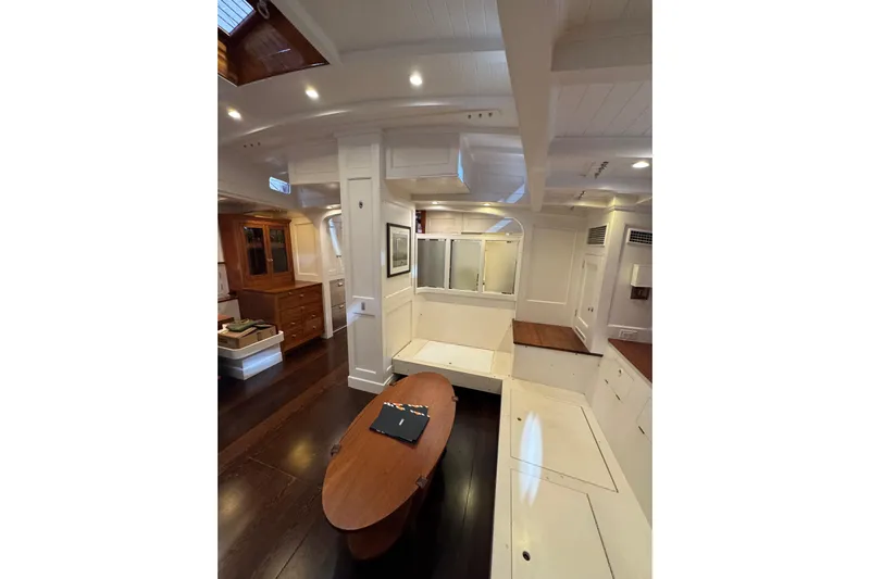 Bequia Yacht Photos Pics Luxurious 2009 Brooklin Boat Yard interior with elegant wood finishes and modern design.