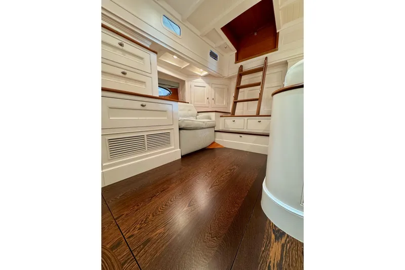 Bequia Yacht Photos Pics Luxurious 2009 Brooklin Boat Yard interior with wooden flooring and elegant cabinetry.