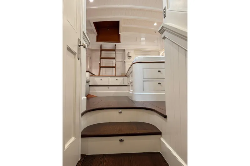 Bequia Yacht Photos Pics Luxurious Brooklin Boat Yard 2009 interior with elegant wooden steps and cabinetry.