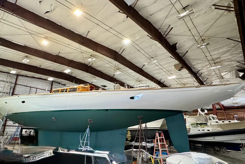 Bequia Yacht Photos Pics 2009 Brooklin Boat Yard yacht in indoor storage facility.