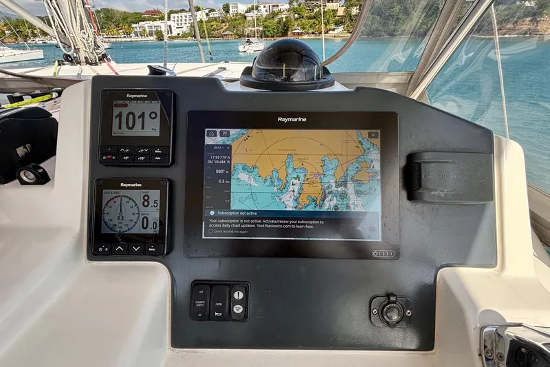  Yacht Photos Pics Navigation system on a 2022 Leopard 45 catamaran, displaying maps and sailing data.