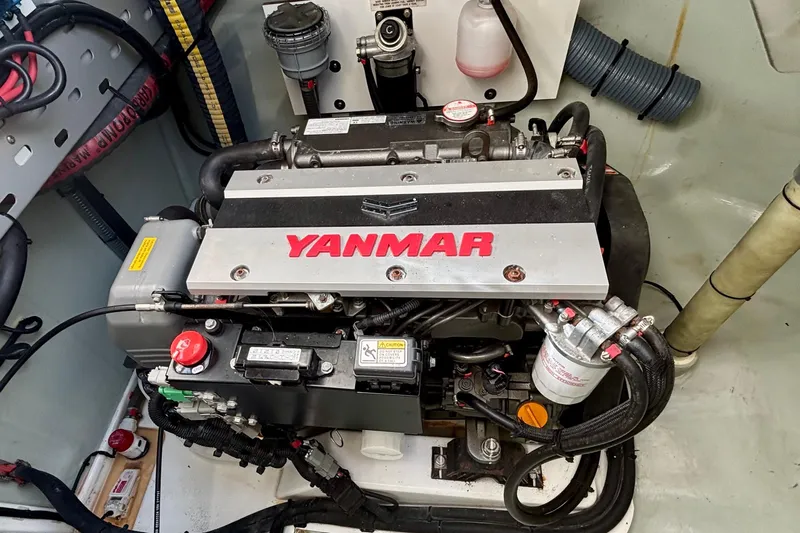  Yacht Photos Pics Yanmar engine in a 2022 Leopard 45 catamaran, showcasing detailed components and wiring.